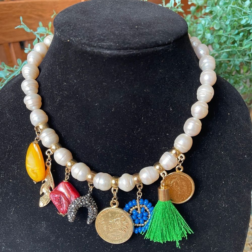 Baroque Natural Pearl Boho Necklace Collar Large Cream Ringed Pearls Handcrafted